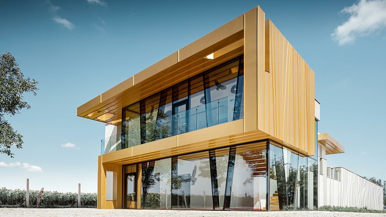 Új építésű borház Rúbaňban, hatalmas üvegfelületekkel és mayagold színű alumínium homlokzattal
