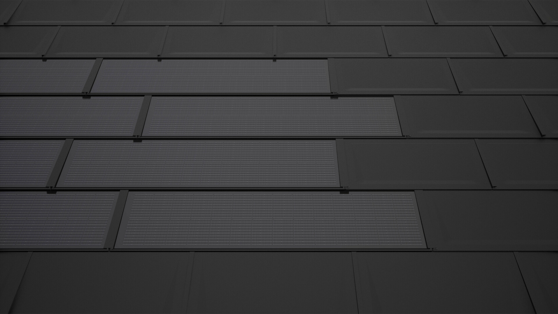 A képen fekete PREFA napelemes tetőlemezek láthatók, amelyek a PREFA R.16-os Classic elemekkel kombinálva egy tetőre vannak felszerelve. A napelemek egyenletes sorokban vannak elrendezve.