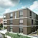 Die markante Aluminiumfassade dieses Mehrfamilienhauses in Schaffhausen ist mit dem eleganten PREFA Zackenprofil in der Farbe Colinal ausgestattet. Durch die vertikale Anordnung der stranggepressten Aluminiumprofile wirkt das Gebäude optisch kompakter und die Fassadenstruktur erhält eine harmonische Balance. Das edle Design fügt sich geschmackvoll in die Umgebung ein und verleiht dem Gebäude eine moderne Eleganz, die sowohl optisch ansprechend als auch funktional ist. Die Perspektive zeigt das Mehrfamilienhaus von der Vorderseite mit der Garageneinfahrt. Im Hintergrund sind Bäume, weitere Gebäude und ein Kirchturm zu erkennen.