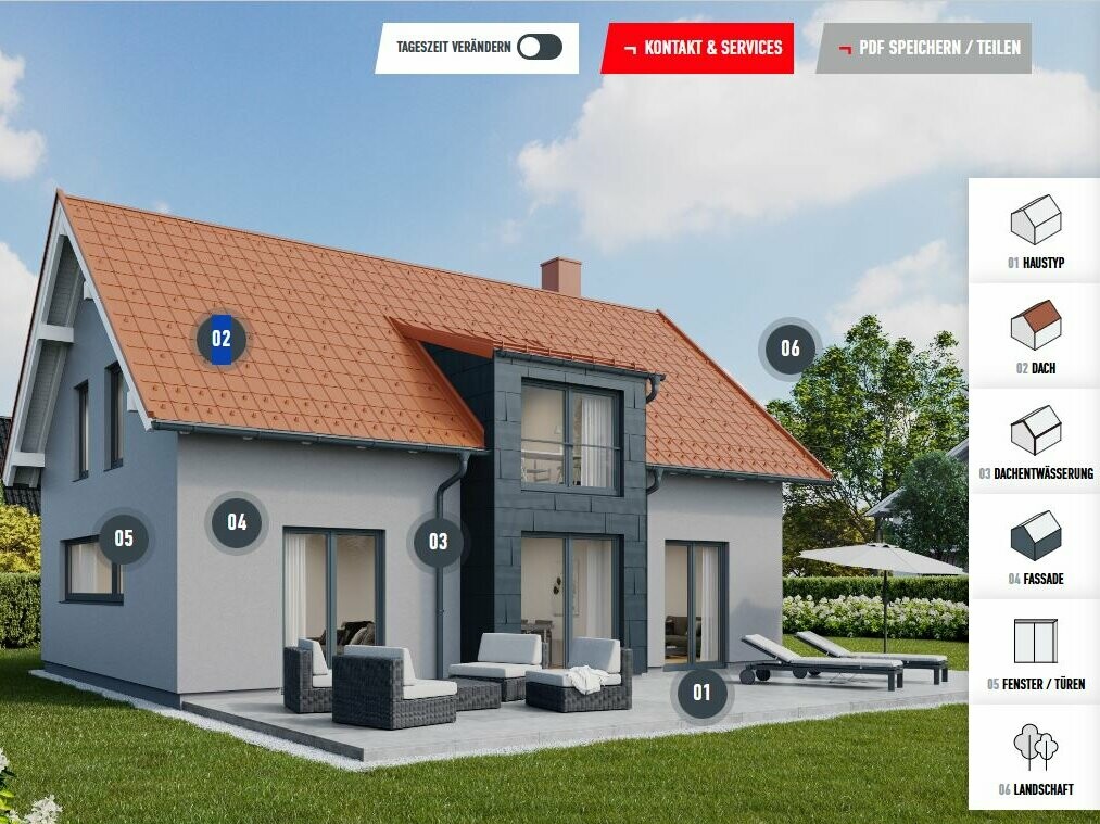 Homlokzatkonfigurátor homlokzatfelújításhoz: Interaktív háznézet kiválasztható homlokzat-, tető- és ablakopciókkal az új homlokzat egyedi kialakításához és megtervezéséhez.