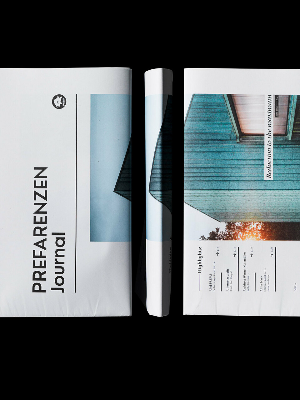Das neue PREFARENZEN Journal 6.0 in drei Teilen vor einem schwarzen Hintergrund aus der Vogelperspektive.