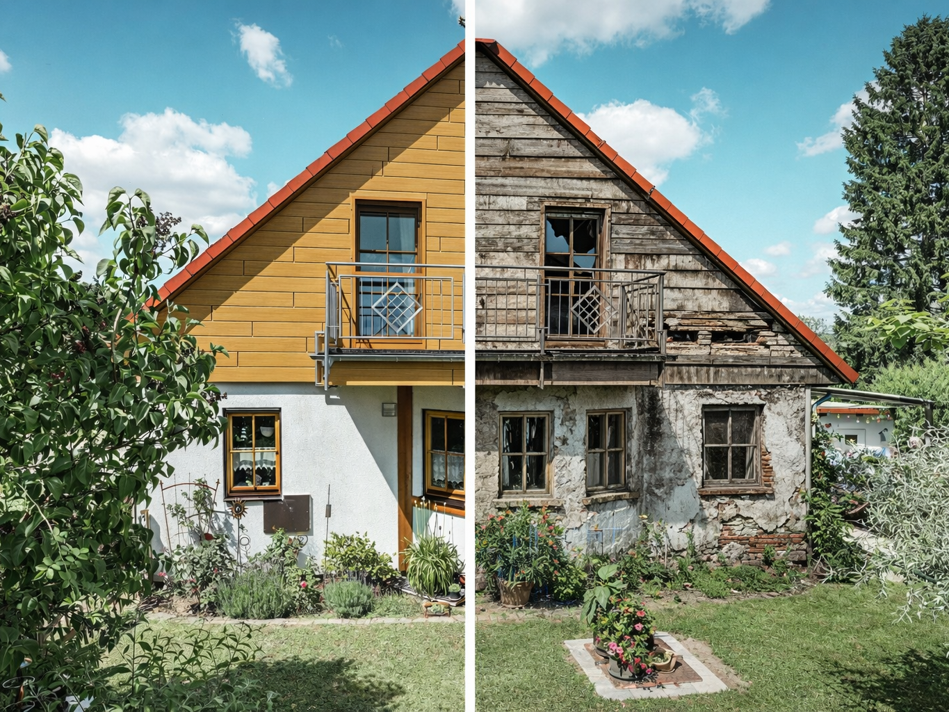 Egy ház fotós ábrázolása a homlokzat két különböző oldalával: A bal oldal egy modern, jól karbantartott homlokzatot mutat PREFA fahatású alumínium homlokzattal, míg a jobb oldal egy felújításra szoruló, megviselt homlokzatot ábrázol betört ablakokkal és lepattogzó színnel. A két állapot közötti átmenetet egy jól látható választóvonal jelöli, tiszta kék ég alatt.