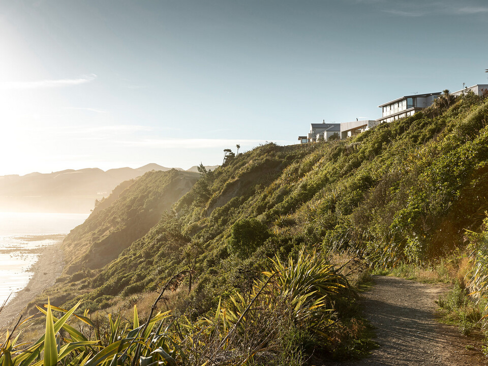 Aufnahme von der Landschaft Motunaus, darauf sichtbar der Strand von Motunau, die Vegetation sowie die Klippen, an deren Rand ein paar Häuser gebaut wurden, unter anderem auch das Whitecaps House von Three Sixty Architecture.