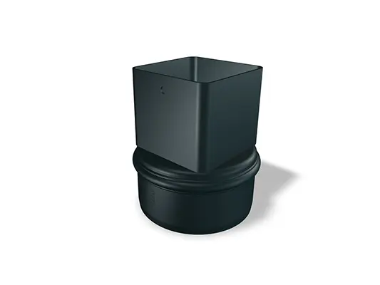 A PREFA 80-as négyzetes csőcsatlakozó, amely 80 Ø 106 mm és 80 Ø 115 mm méretben kapható, négyzetes csövek rugalmas összekötésére szolgál, és megbízható tömítést biztosít a tetővízelvezető rendszerekben.