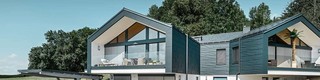 PREFA családi ház FX.12 tetőfedő panellel és antracit színű szögletes lefolyócsővel