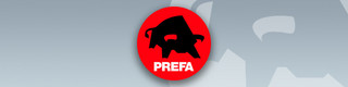 PREFA Firmenlogo auf grauem Hintergrund, roter Kreis mit schwarzem Stier