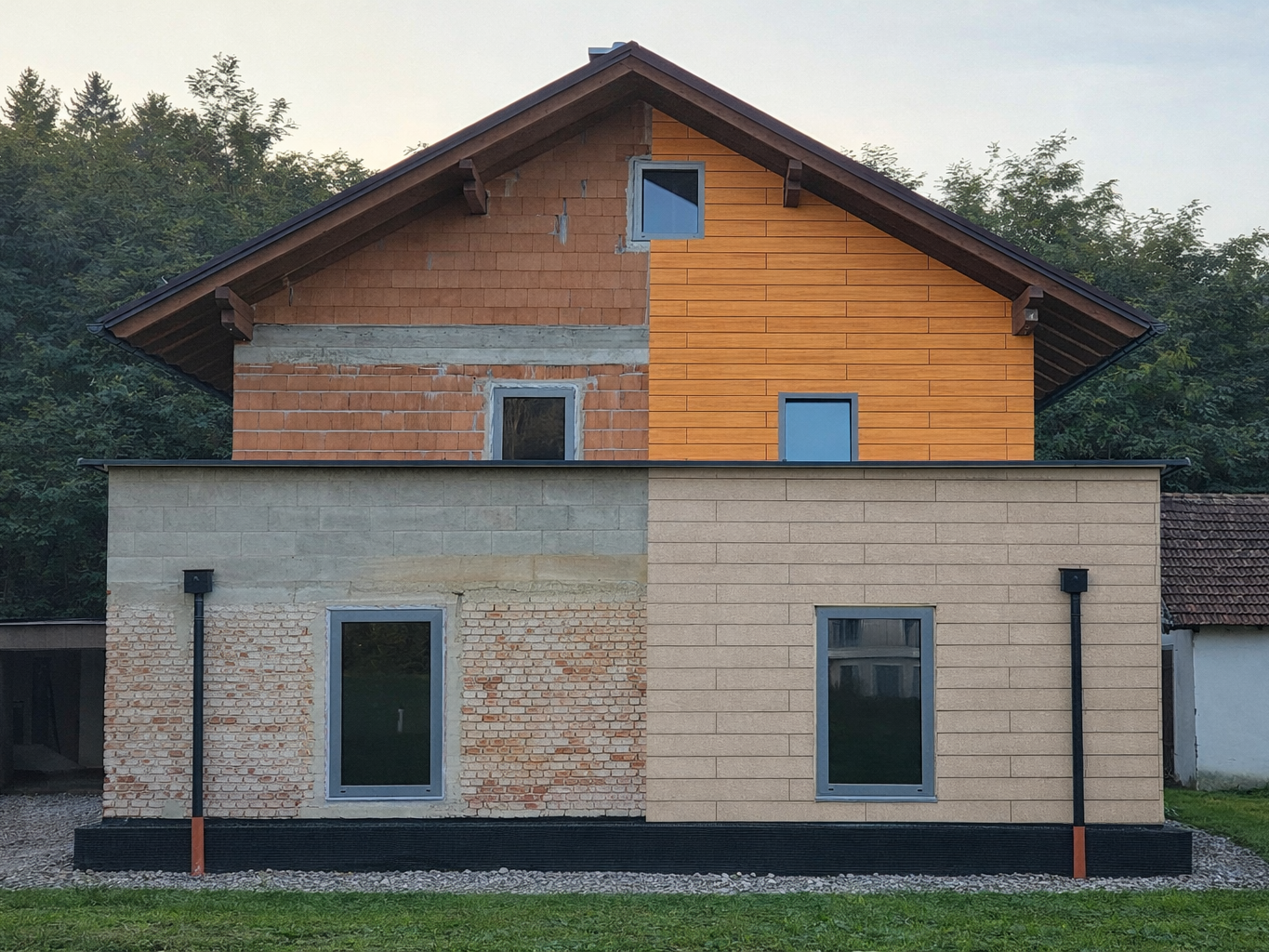 Fotószerviz homlokzatfelújításhoz: Professzionálisan készített előtte–utána kép egy házról, különböző homlokzatburkolatii anyagokkal, a felújítási megoldások élethű vizualizációjához. (A kép mesterséges intelligenciával szerkesztve)