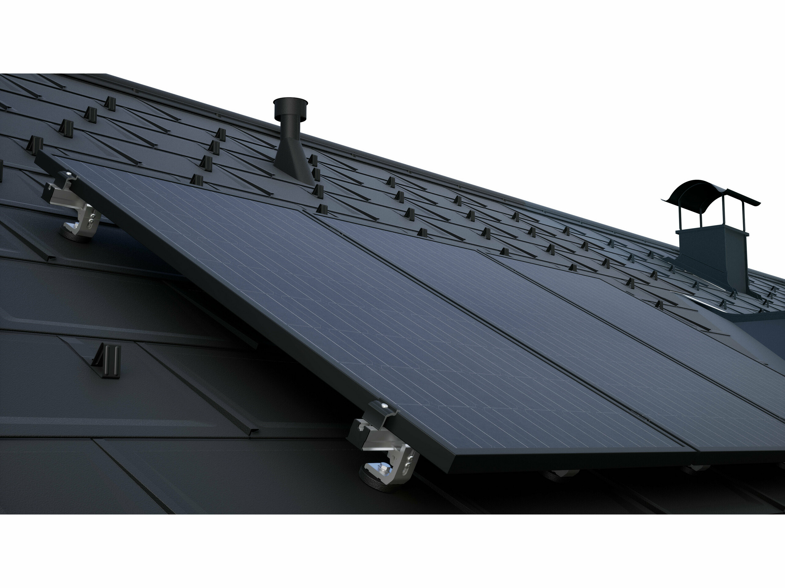 PV modulok PREVARIO napelemes rögzítési rendszerrel szerelve sötét PREFA tetőre, R.16-os Classic elemekkel.