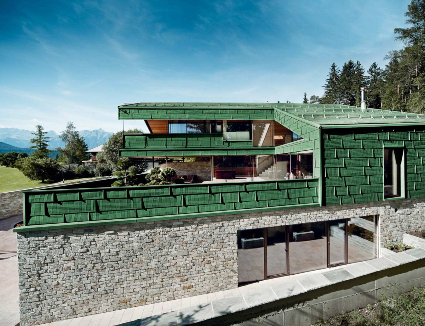 Referencia épületek PREFA Homlokzatburkolati rendszerek FX.12-es homlokzatburkoló panel 06 P.10 mohazöld